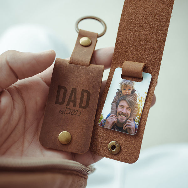 Daddy Hubby Hero - Leather Engraved Keyring With Photo Inside - GOTShirts