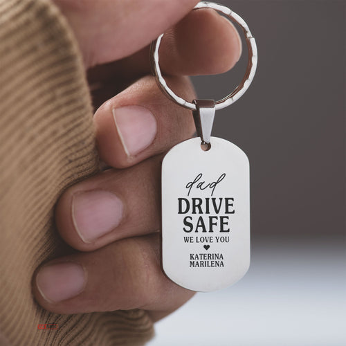 Dad Drive Safe - Dog Tag Keyring (Engraved) - GOTShirts