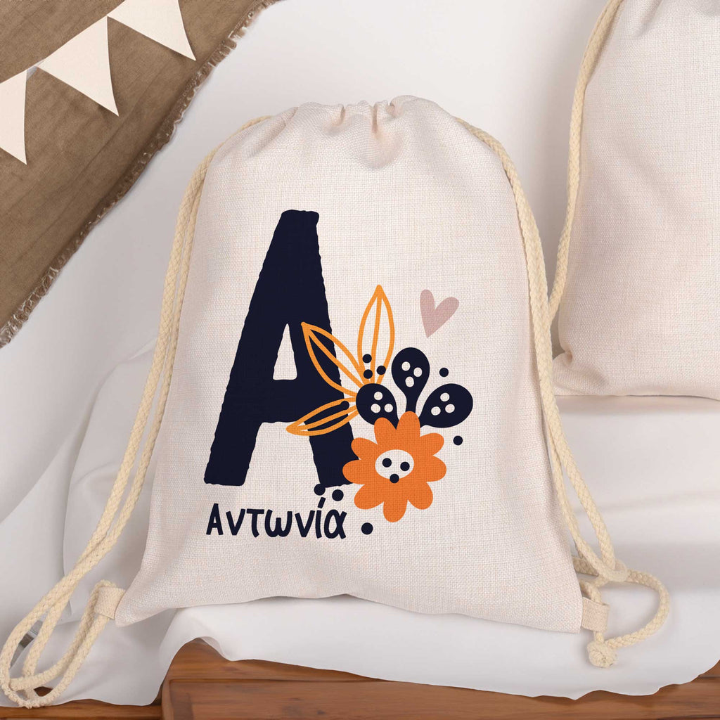 Name & Letter - Drawstring Bag Linen