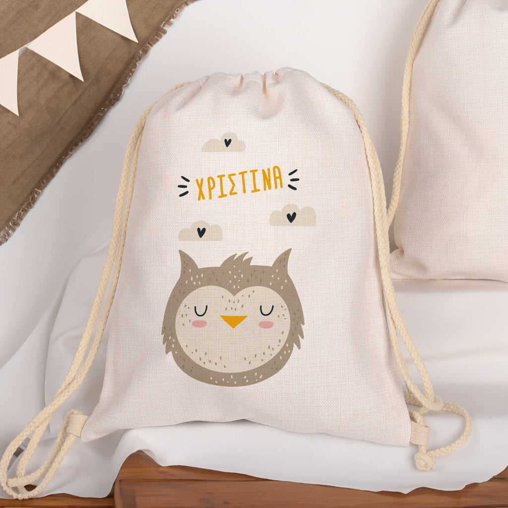 Gray Owl - Drawstring Bag Linen