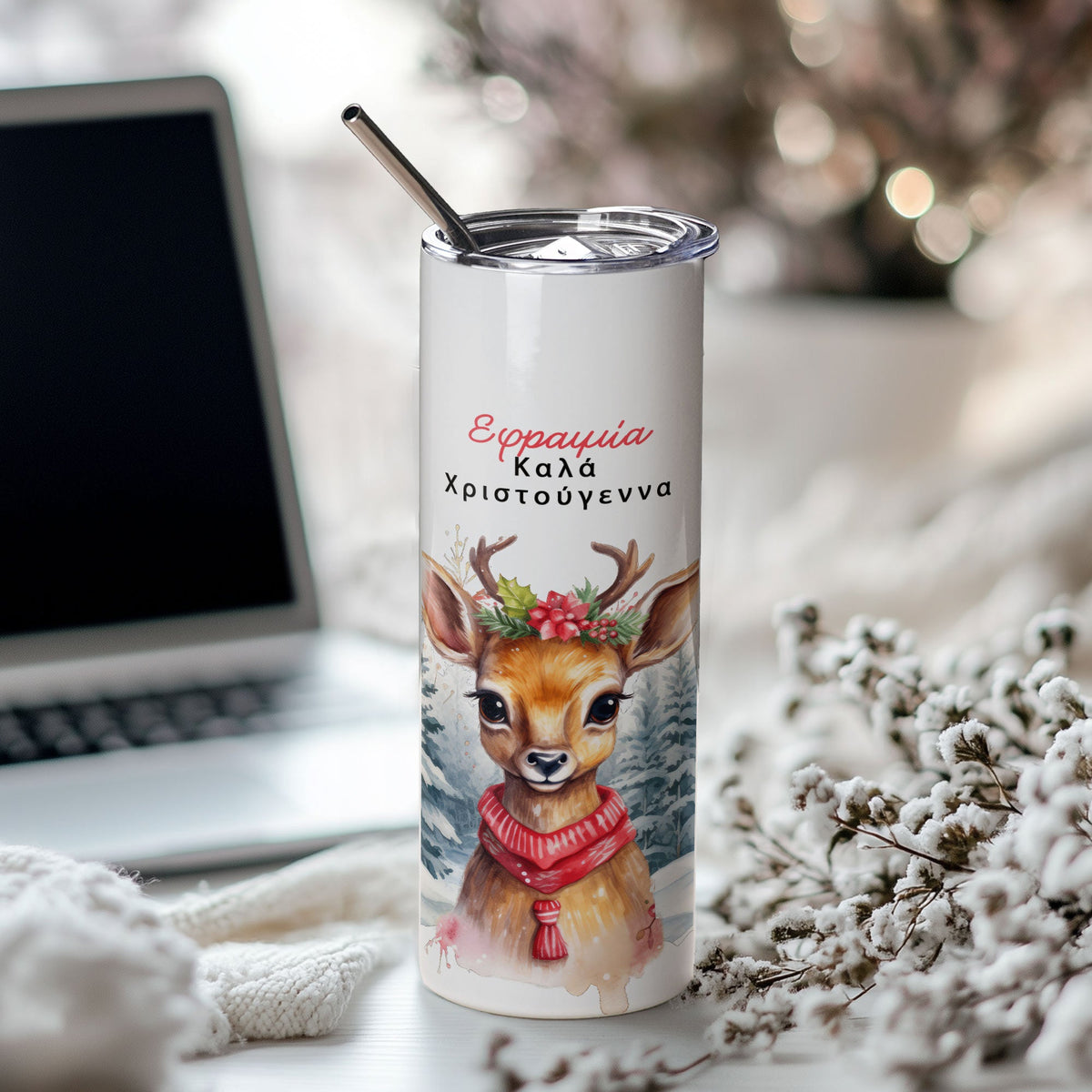 Watercolor Deer - Stainless Steel Skinny Tumbler With Straw - GOTShirts