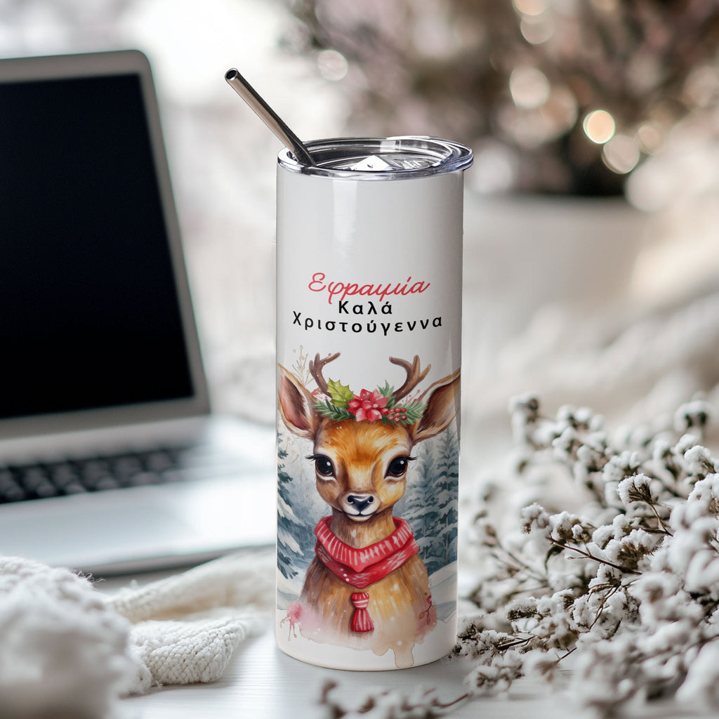 Watercolor Deer - Stainless Steel Skinny Tumbler With Straw - GOTShirts