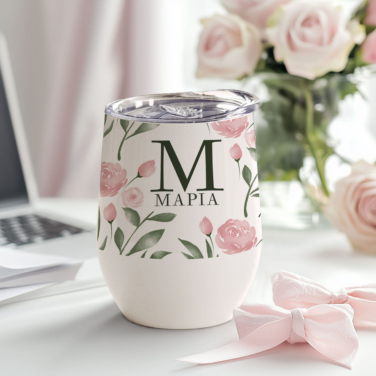Pink Floral - Stainless Steel White Mug - GOTShirts