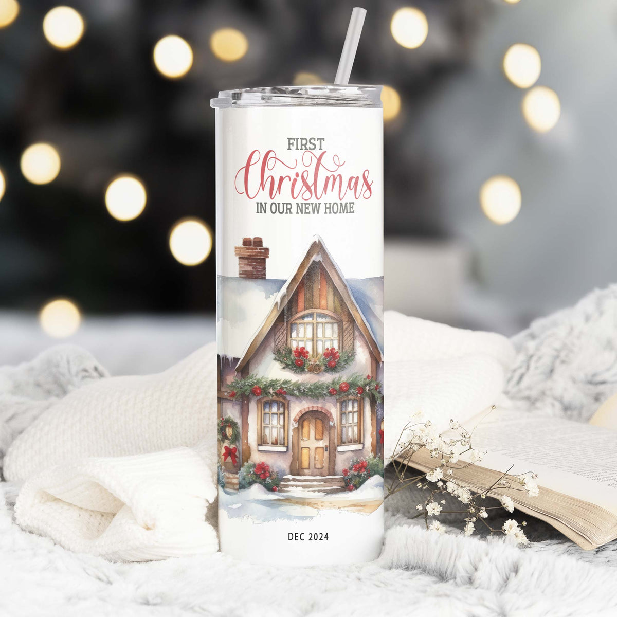 First Christmas In Our New Home - Stainless Steel Skinny Tumbler With Straw - GOTShirts