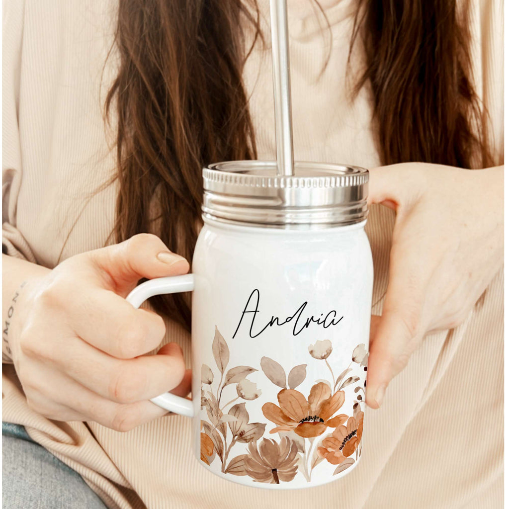 Neutral Colored Flowers - Jar Tumbler With Straw