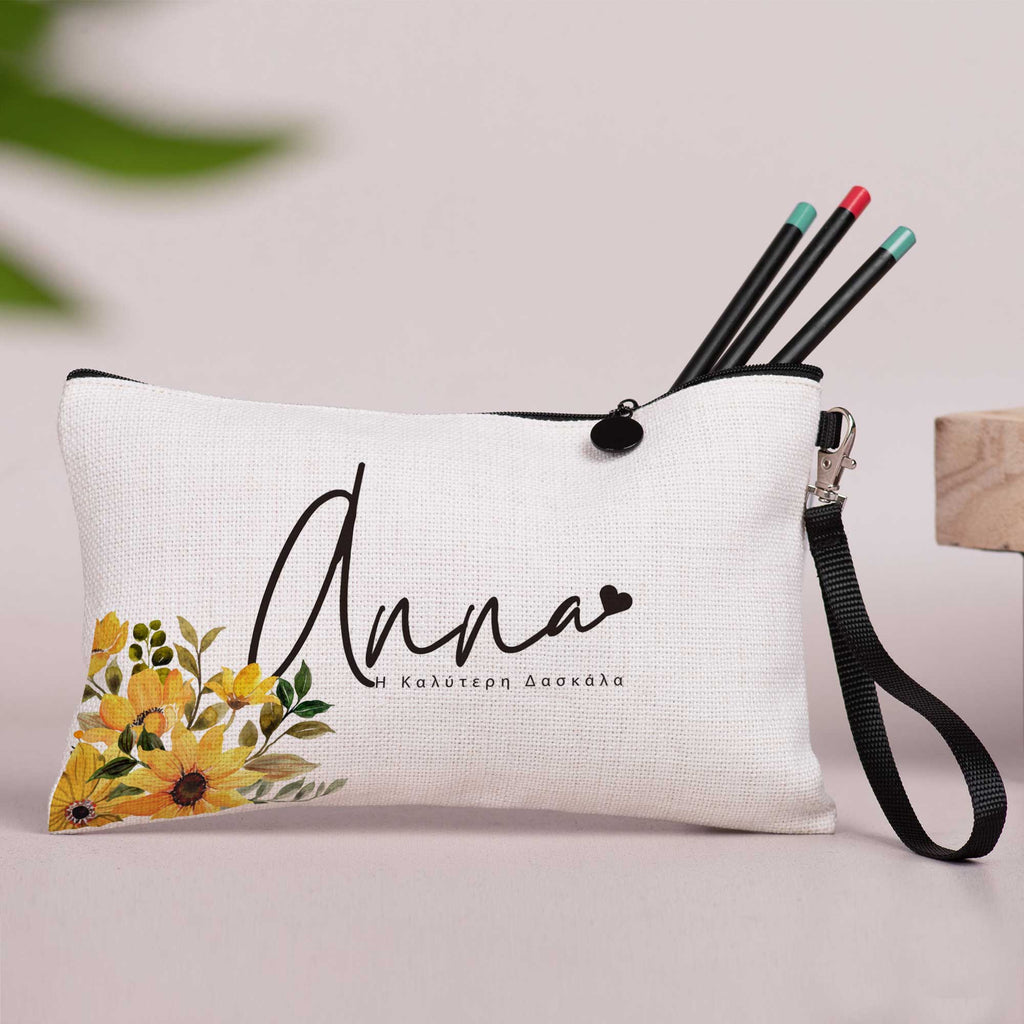 Best Teacher, Yellow Flowers - Linen Pencil Case - GOTShirts