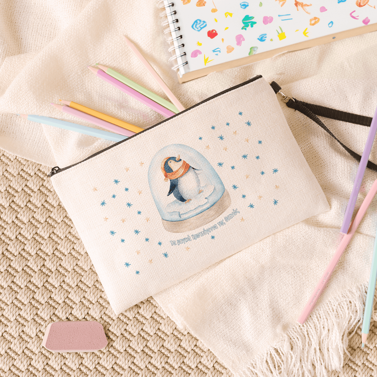 Penguin Snowball - Linen Pencil Case - GOTShirts