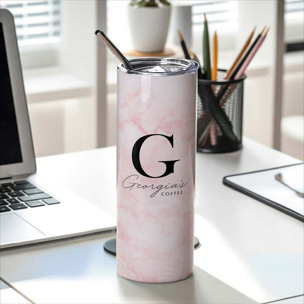 Pink Marble - Stainless Steel Skinny Tumbler With Straw - GOTShirts