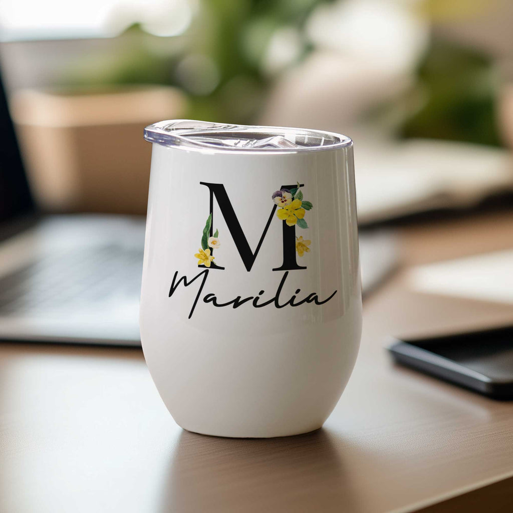 Flowers, Name & Letter - Stainless Steel White Mug