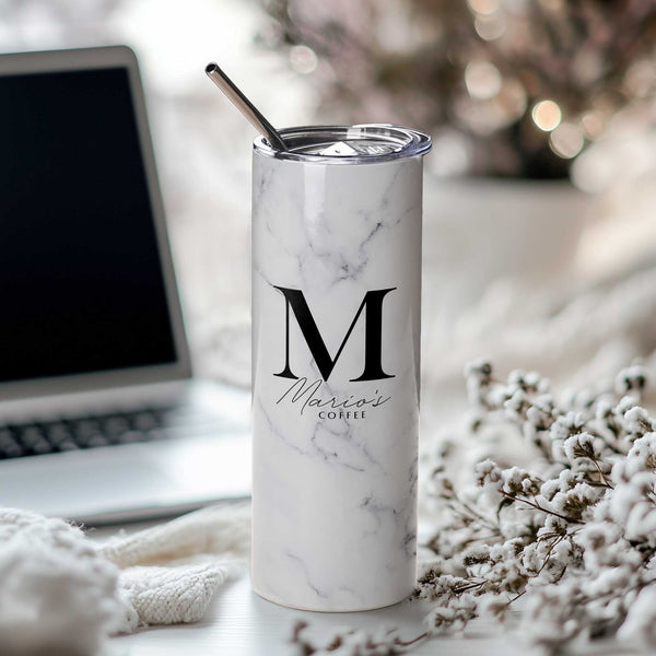Gray Marble - Stainless Steel Skinny Tumbler With Straw - GOTShirts