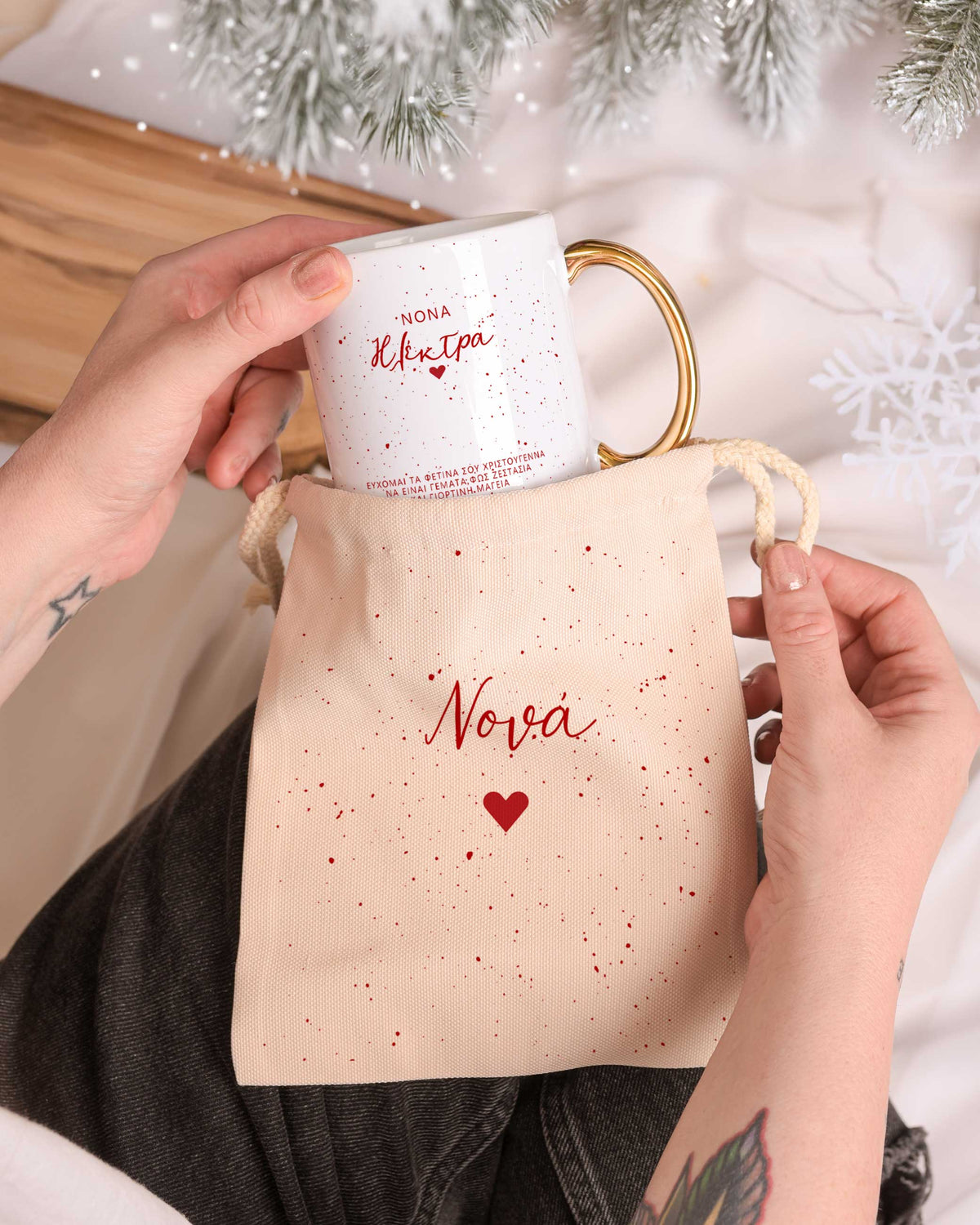 Red Dots - Gold Handle Mug & Linen Pouch Set - GOTShirts