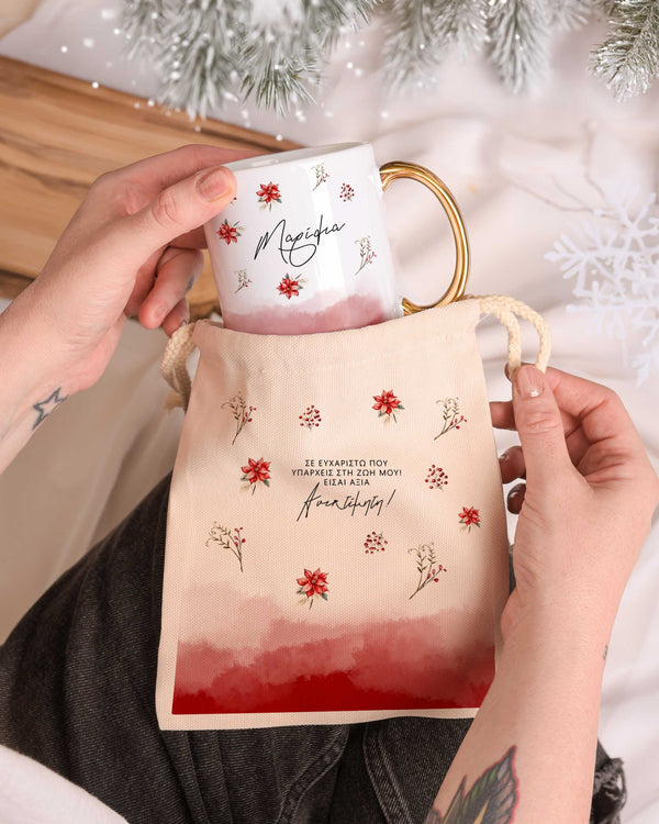 Poinsettia Flower - Gold Handle Mug & Linen Pouch Set - GOTShirts