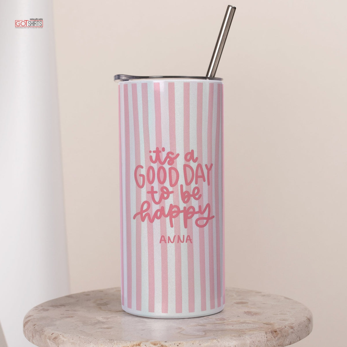 White Skinny Tumbler 16oz - Stripes Pink - GOTShirts