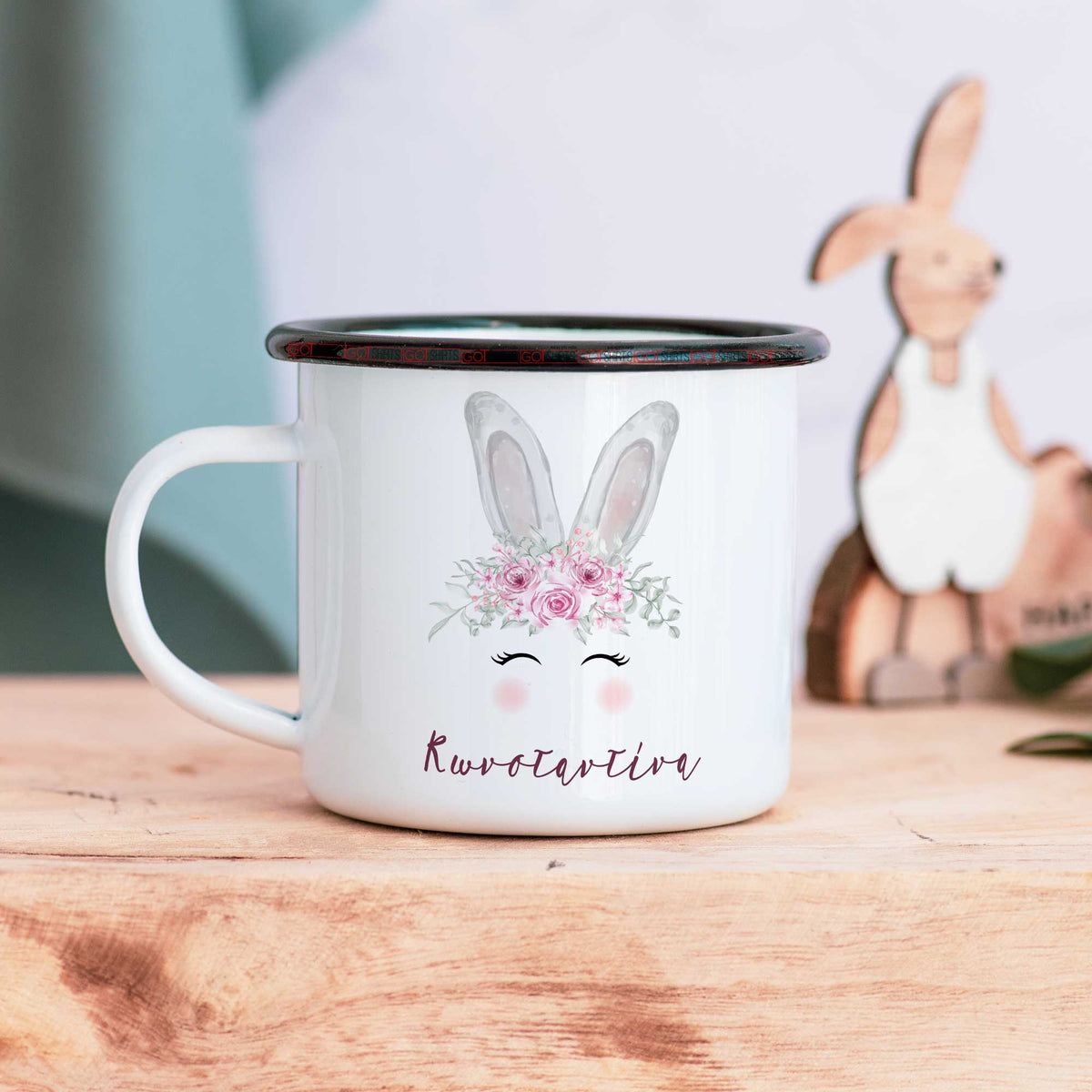 Pink Flowers Bunny - Enamel Mug - GOTShirts