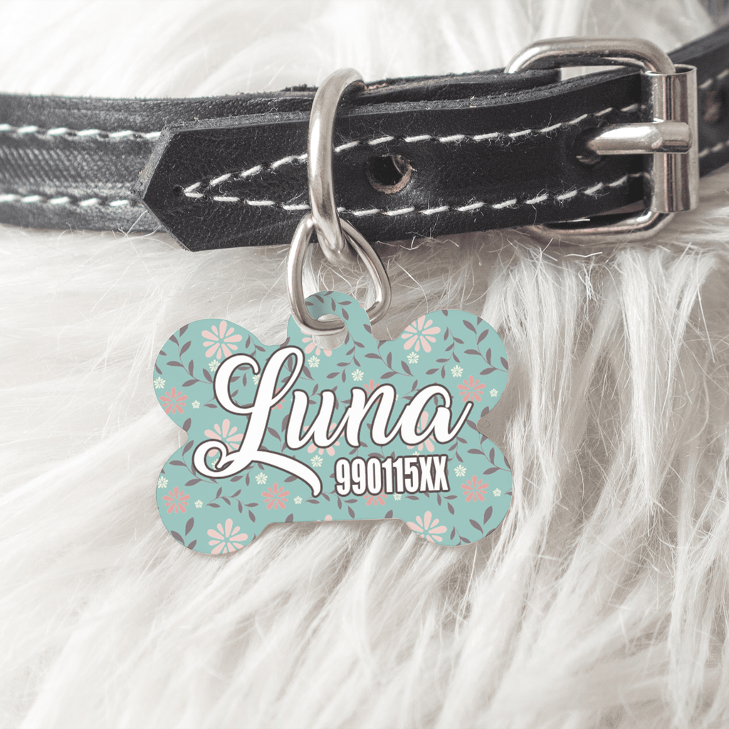 Turquoise Floral Pattern - Metallic Pet Bone Tag - GOTShirts